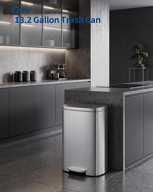 Garvee 13 Gal / 50 L Step-On Trash Can, Stainless Steel Kitchen Garbage Can with Soft Close Lid, Removable Inner Bucket & Rear Handle for Easy Transport - Image 2