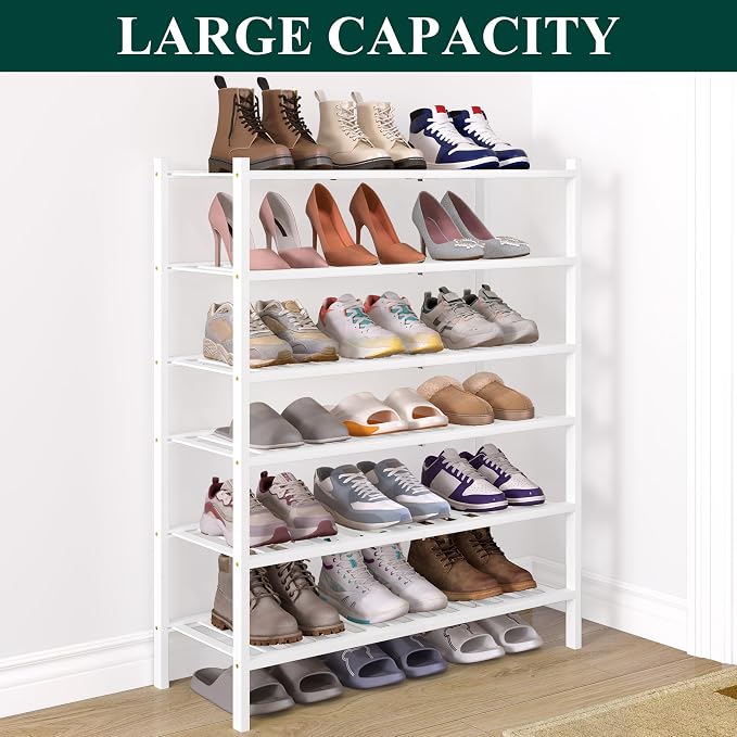 Smiry Bamboo Shoe Rack for Closet, 6 Tier Wooden Stackable Shoe Organizer, Free Standing Shoes Storage Shelf for Entryway, Front Door Entrance, White - Image 5