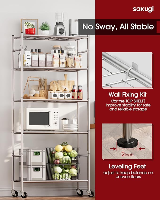 Sakugi Storage Shelves Organizer - 5 Tier Metal Shelf Organizer with Metal Wheels and Adjustable Leveling Feet, Heavy Duty Garage Shelving for Kitchen, Pantry and Closet, 33.1"x12.6"x73.5", Sliver - Image 4