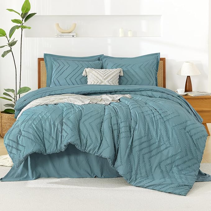 Litanika Grayish Teal California King Size Comforter Set with Sheets - 7 Pieces Bed in a Bag California King Boho Tufted Complete Bedding Sets with Comforter, Sheets, Pillowcases & Shams