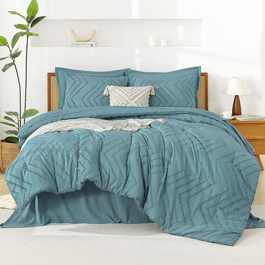 Litanika Grayish Teal King Size Comforter Set with Sheets - 7 Pieces Bed in a Bag King Boho Tufted Complete Bedding Sets with Comforter, Sheets, Pillowcases & Shams