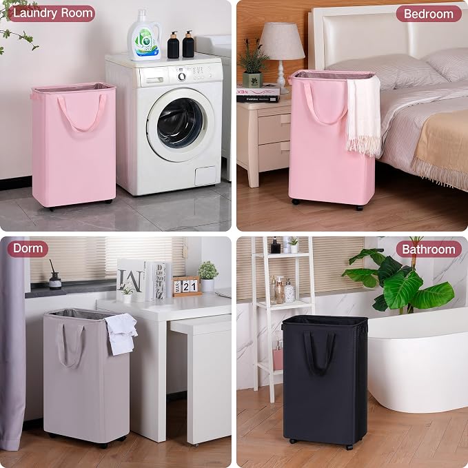 efluky Slim Laundry Hamper with Wheels, Rolling Laundry Basket for Clothes, Small Laundry Basket for Bedroom, Dorm and Laundry Room, 75L (19.8 Gallons) Grey - Image 6