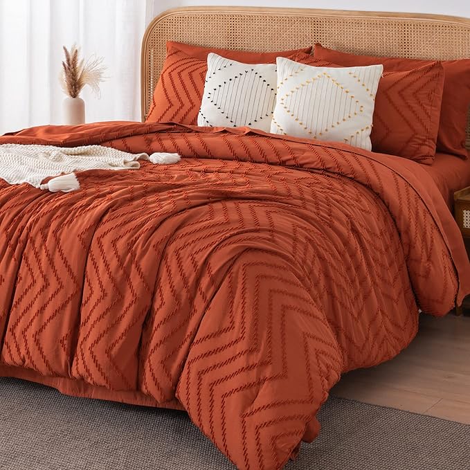 Litanika King Size Comforter Set with Sheets Burnt Orange - 7 Pieces Bed in a Bag King Boho Terracotta Complete Bedding Sets Rust Lightweight Bed Set with Comforter, Sheets, Pillowcases & Shams