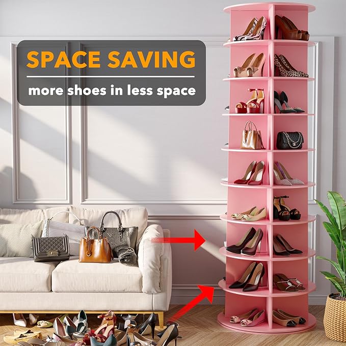SpaceAid 9 Tier Rotating Shoe Rack Tower, Spinning Shoe Display Lazy Susan, Revolving 360 Shoe Rack Storage Round Carousel, Vertical Handbag Rotate Shoes Closet Organization (9-Tier Pink) - Image 3