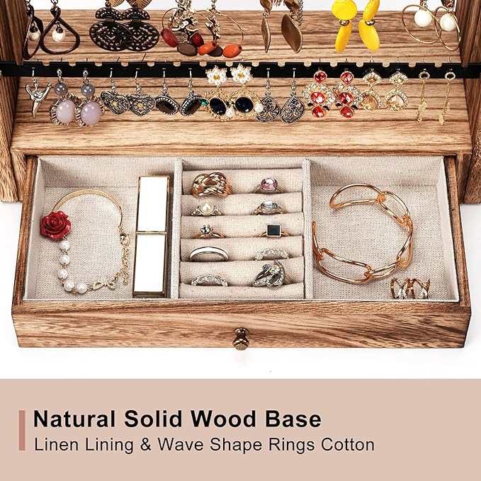 Pinzoveco Earring Organizer, 5 Layer Earring Holder Organizer with Necklace Holder Pole, Rustic Wood Jewelry Organizer Stand Display for Stud Earring Bracelet Necklace Ring, 175 Earring Holes - Image 4