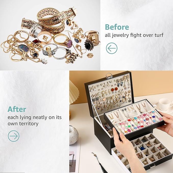 BOOVO Earring Jewelry Box For Women Girl Stud Organizer, 5 Layers Girl Jewelry Organizer Box With Lock Earring Holder Organizer Necklace Ring Jewelry Organizer Box For Girls (Black) - Image 5