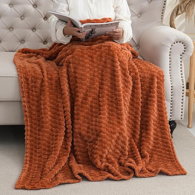 Burnt Orange Throw Blanket 50"×70" inches Gifts for Mom Fuzzy 3D Jacquard Decorative Flannel Fleece Super Soft Plush Cozy Blanket for Couch Sofa Chair Lightweight