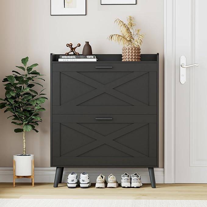 Homleke 32" W Farmhouse Shoe Storage Cabinet with 2 Flip Drawers and Barn Door Design, Adjustable Shelves, Modern Hidden Slim Narrow Shoe Rack Cabinet for Entryway, Foyer, Hallway, Living Room, Black by Homleke