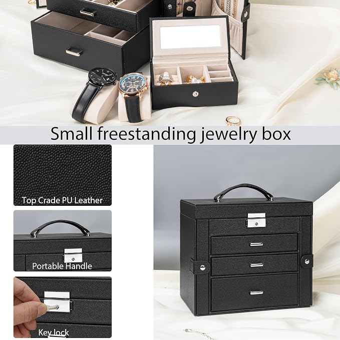 AKOZLIN 4-Tier Jewelry Box Lockable Leather Jewelry Storage Case Organizer with 3 Drawers for Women Girls Ring Necklace Earring Bracelet Watches Holder with Mirror - Image 3