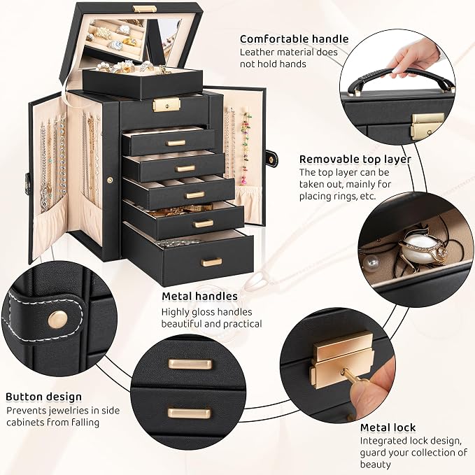 AKOZLIN 6-Tier Jewelry Box Lockable Leather Jewelry Storage Case with 5 Drawers for Women Girls Ring Necklace Earring Bracelet Holder Organizer with Mirror - Image 5
