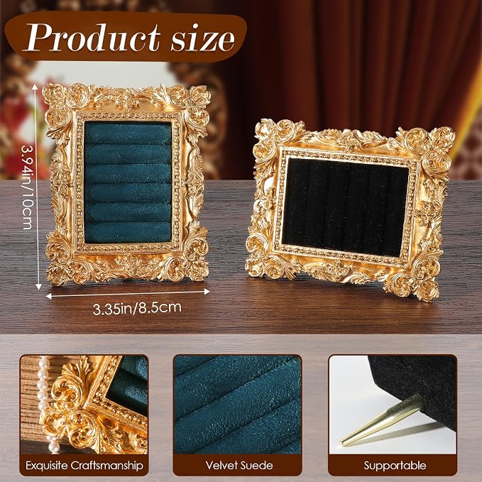 Vintage Ring Holder Rectangle Gold Velvet Display Stand - Baroque Jewelry Organizer Box Tray for Wedding Engagement Anniversary Women Birthday Christmas Gift Photograph Prop (MPF05-Gold Blue) - Image 5