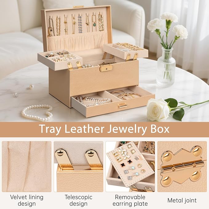 AKOZLIN Travel Jewelry Box Organizer Functional 2-trays Leather Jewelry Storage Case with Lockable Portable Drawer for Women Girls Ring Necklace Earring Bracelet - Image 4