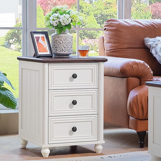 RWYHG 18" Farmhouse Night Stand Set of 2, White Wood Nightstand with 3 Drawers, Bedside End Table with Storage and Roman Column, Bed Side Tables Cabinet for Bedroom, Living Room, and Closet