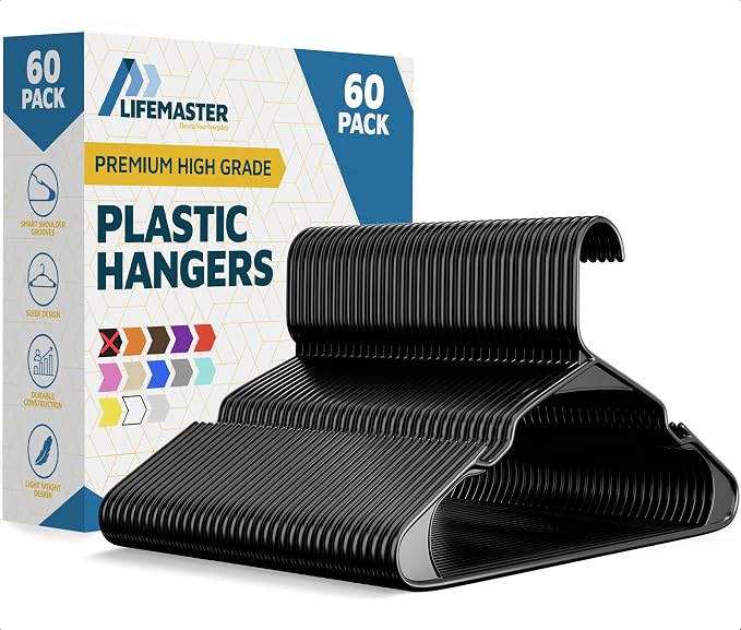 Plastic Clothes Hangers – Heavy Duty Hanger Set, for Organizing Clothes, Dresses, and Coats, Holds Up to 5 lbs, Space-Saving Hangers with Non-Slip Shoulder Grooves, Pack of 60, Black by LIFEMASTER