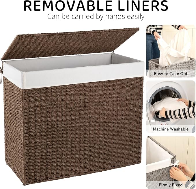 OIAHOMY Large Laundry Hamper with Lid, 35.7 Gal (140L) Wicker Hamper with Removable Liner Bag, Handwoven Clothes Basket with Handles, Foldable Paper Rope Basket for Laundry Room, Bedroom-Brown - Image 3