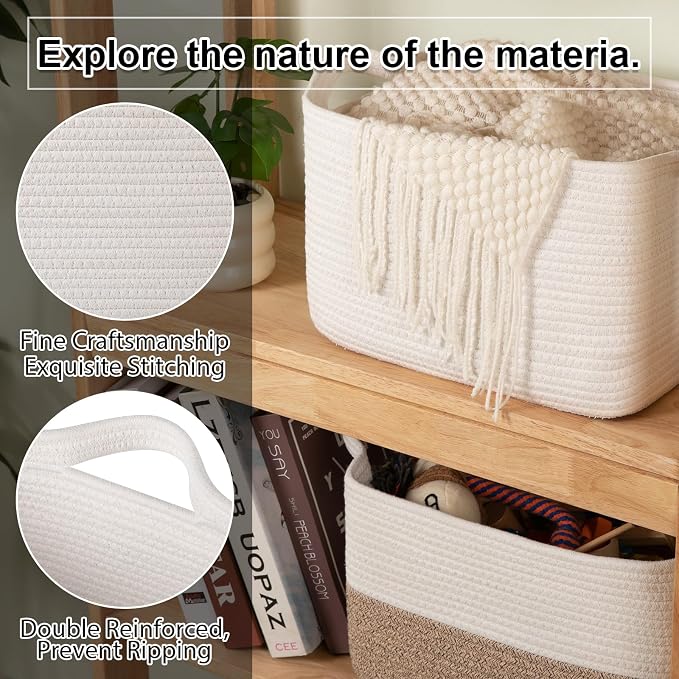 OIAHOMY Woven Storage Basket for Shelves, Rectangle Cotton Rope Baskets for Organizing, 13 x 10 x 9 in, Storage Bins for Dog Toys,Towel,Books,Gift, White - Image 5