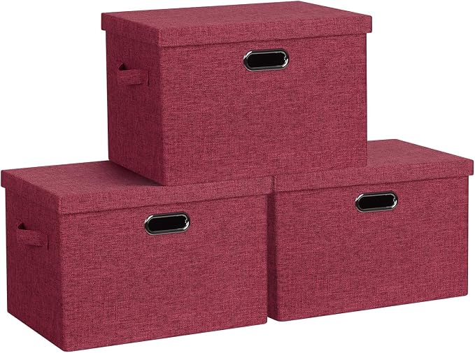 Graciadeco Large 17" 36 Quart Collapsible Stackable Storage Bins with Lids, 3 Packs Bright Red Linen Fabric Closet Boxes with Lids, Storage Cube Baskets Container Organizers for Office (17x12x11) by GraciadecoStorage