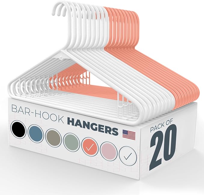 Neaties Plastic Hangers 20 Pack - Made in the USA - 6lb Capacity Standard Clothes Hangers with Strap Hooks for Dresses, Lingerie, Shirts, Pants, and Jackets - White & Peach by NeatiesHangers