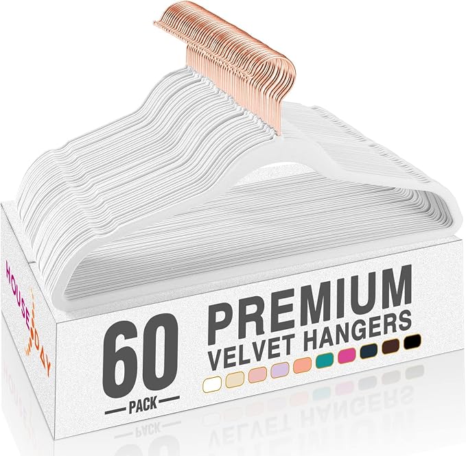 HOUSE DAY White Velvet Hangers 60 Pack, Premium Non-Slip Felt Clothes, Sturdy Heavy Duty Coat, Durable Hangers for Suits, Space Saving with No Hanger Mark, 360° Swivel Rotating Rose Gold Hook by HOUSEDAY