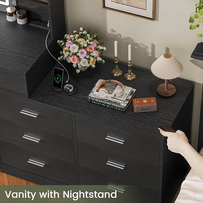 FIONESO Vanity Desk with LED Light Mirror & Power Outlet, 8 Drawers, 6 Storage Shelves, 3 Color Modes & Adjustable Brightness Makeup Vanity, Corner Vanity, L Shape Vanity, 39.4”-64.9" Desk, Black