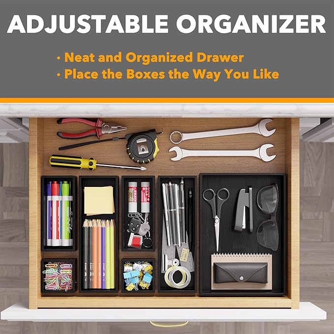 SpaceAid 7-Piece Bamboo Drawer Organizer Storage Boxes Set, Wood Tray Junk Drawer Organizers Multi-Use Divider Bins for Kitchen, Bathroom, Office Desk and Makeup Organization (7 Pack, Black) - Image 5