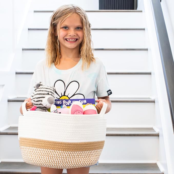 Stylish Cotton Rope Storage Basket For Dog Toys, Magazines or Books - The Perfect Woven Bin with Handles For Everyday Organization Reduces Clutter in Your Rooms - A Decorative Gift & Storage Box - Image 8