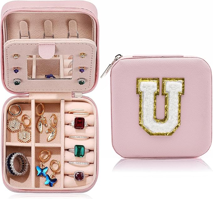 MODENGKONGJIAN Travel Jewelry Case for Women Fashion, Ring Necklace Earring Jewelry Holder Organizer Box, Small Portable Jewellery Storage, Initial U by MODENGKONGJIAN