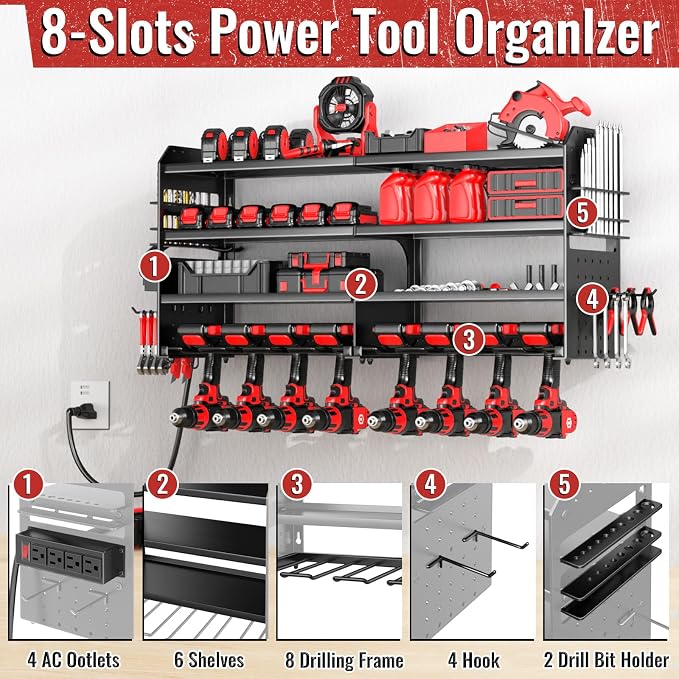 Large Power Tool Organizer Wall Mount with Charging Station, 4 Layer Heavy Duty Metal Cordless Tool Organizer, Tool Storage Rack with 8 Cordless Drill Holder Screwdriver Hammer(Black) - Image 5