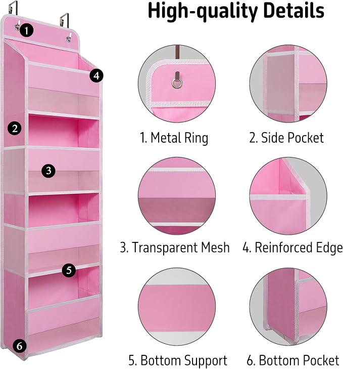 TYMENSH Over The Door Hanging Organizer with 4 Large Pockets – Closet, Bathroom, Nursery, Bedroom, Dorm Storage for Toys, Cosmetics, and Baby Essentials, Pink - Image 4