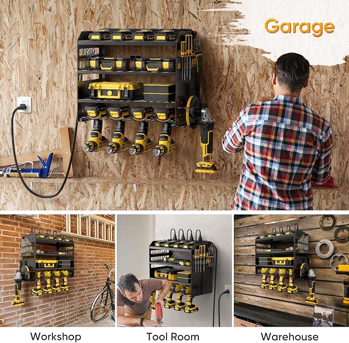 POKIPO Power Tool Organizer Wall Mount with Charging Station,Tool Storage Rack with 8 Outlet Power Strip,Heavy Duty Metal Battery Utility Rack with 4 Cordless Drill Holder 6.56 Ft Cord for Garage - Image 6