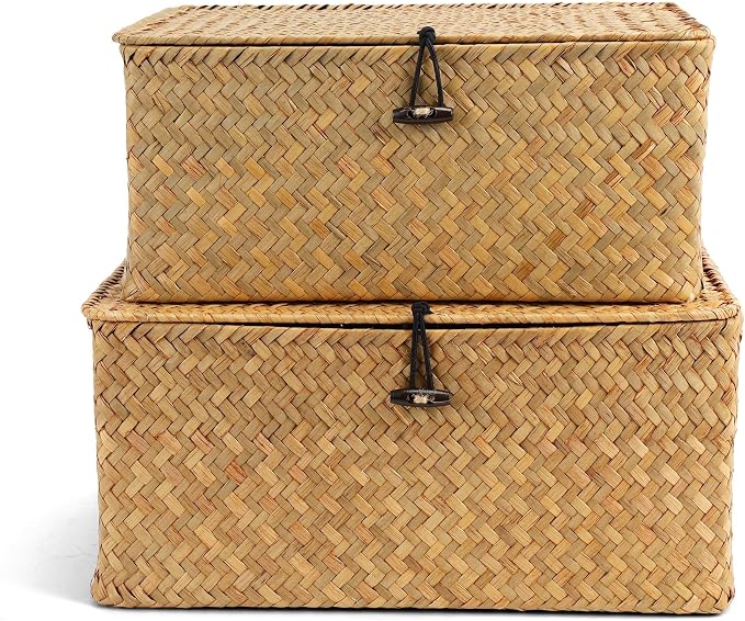 Nonam Storage Basket with Lid, Natural Seagrass Bin with Lid Set of 2, Shelf Baskets Multipurpose Container for Boho Decoration, Rectangular Household Storage Boxes for Home Organization-Natural - Image 2