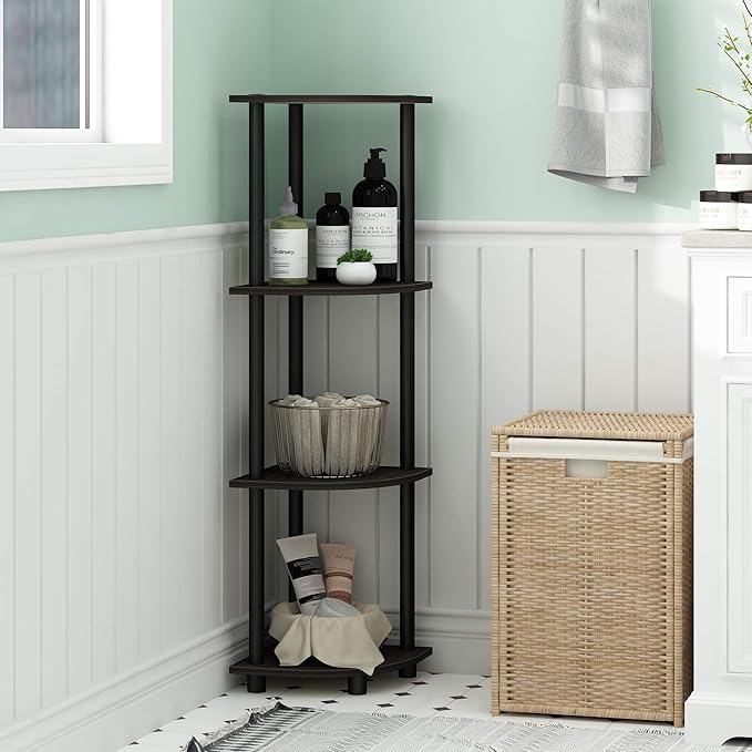 Furinno TURN-N-TUBE Corner Shelf, 4-Tier Corner Bookshelf, Display Storage Shelves with Open Shelves, for Organization and Storage, Living Room, Home Office, Garage, Espresso - Image 2