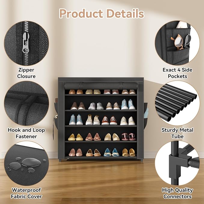 LANTEFUL Shoe Rack with Covers 5 Tier Tall Shoe Rack Organizer Large Capacity Shoe Shelf Storage 20-24 Pairs Space Saving Free Standing Shoe Storage Organizer for Closet, Entryway, Dorm, Black - Image 4
