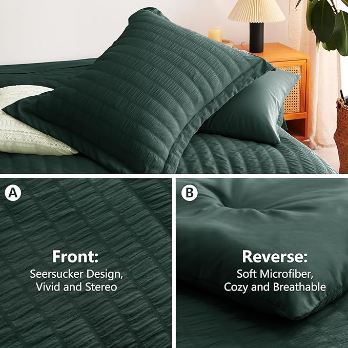 CozyLux Full Size Comforter Sets with Sheets 7 Pieces, Forest Green Seersucker Bed in a Bag Textured Luxury Soft Bedding Set with Down Alternative Comforter, Sheets, Pillowcases & Shams for All Season