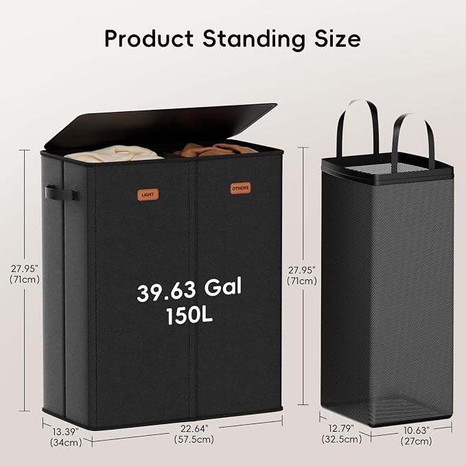 150L Double Laundry Hamper With Lid, Large Clothes Hampers with Removable Bag, Laundry Hamper 2 Section for Bathroom, Bedroom, Laundry Room, Dorm, Black - Image 6