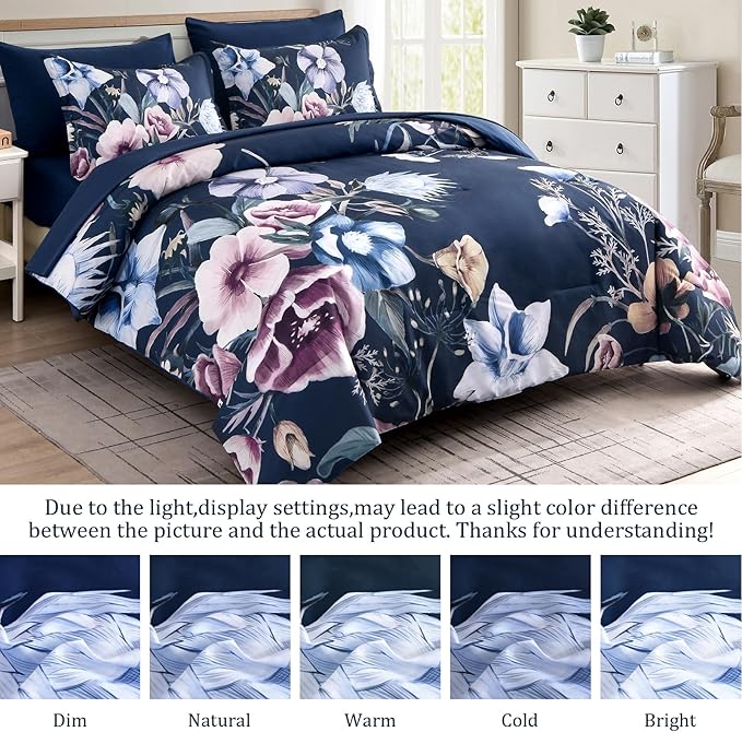 Luxudecor Floral Comforter Set Queen Size 7 Piece, Navy Flower Bed in a Bag, Elegant Floral Comforter with Sheet Set, Soft Microfiber Bedding Set for All Season (Navy, 90"x90")