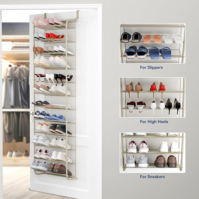 Whitmor 36 Pair Over The Door Shoe Organizer, 12 Tier Hanging Shoe Organizer, Heavy Duty Metal & Mesh Shoe Holder, Hanging Shoe Rack for Closet Organizer & Storage, 69"L x 21.7"W x 7.5"H, Oat - Image 4
