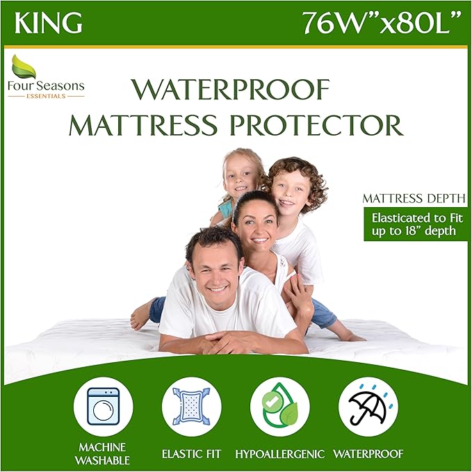 Four Seasons Essentials King Size Waterproof Mattress Protector - Cooling Viscose derived from Bamboo Fitted Sheet Mattress Cover - Quilted Jacquard Pad Protects from Dust Allergens