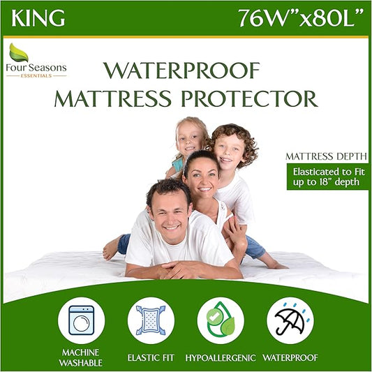 Four Seasons Essentials King Size Waterproof Mattress Protector - Cooling Viscose derived from Bamboo Fitted Sheet Mattress Cover - Quilted Jacquard Pad Protects from Dust Allergens