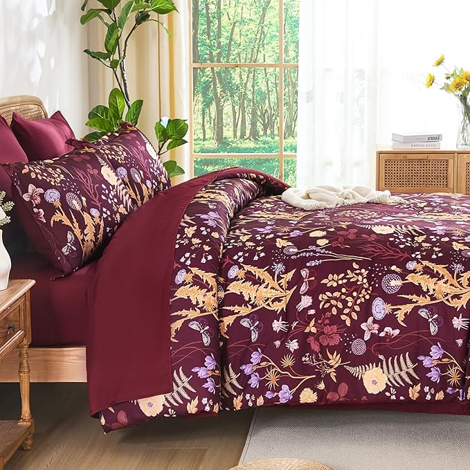 Yiran Queen Comforter Set 7 Piece, Burgundy Floral Bedding Set, Bed in a Bag Queen Size with Botanical Flowers Spring, Soft Lightweight Dark Red Comforters with Sheets Complete for All Season