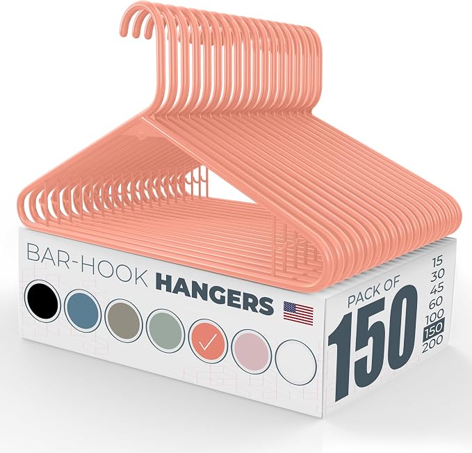 Neaties Plastic Hangers 100+ Pack (150 Count) – Made in the USA – 6lb Capacity Standard Clothes Hangers with Strap Hooks for Dresses, Lingerie, Shirts, Pants, and Jackets – Peach by NeatiesHangers