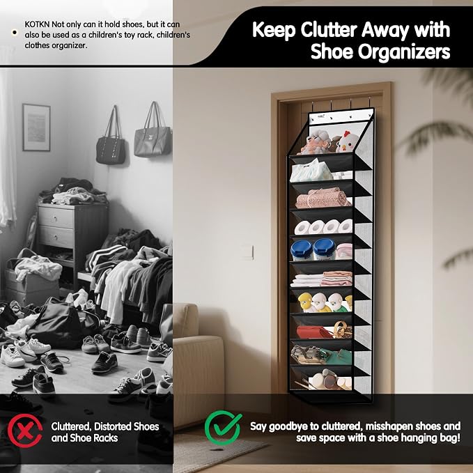 Kotkn 10 Tier Hanging Shoe Rack - Heavy Duty Behind The Door Hanging Shoe Rack, Sturdy Oxford Cloth, 20+ Pairs Over The Door Shoe Cabinet for Boots and Sneakers - Save 50% Closet Space! (Piano White) - Image 7