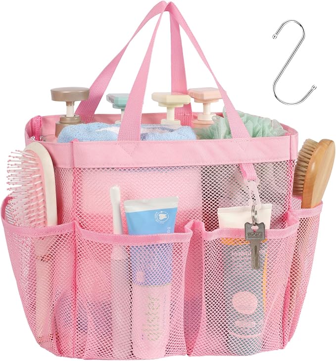 F-color Mesh Shower Caddy Portable, Upgrade Deeper 7 Pockets Shower Bag Basket Tote for College Dorm Room Toiletry Bathroom Essentials Gym Camp Quick Dry 2 handles with S Hook, Pink by F-color