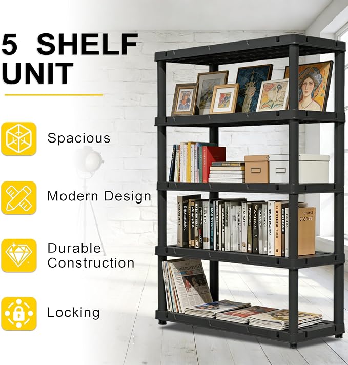 72”H Plastic Garage Storage Shelves,5-Tier Heavy Duty Plastic Shelving,700LBS Plastic Shelving Units Free Standing,for Home,Garage,Basement, Laundry,Black,16.93" Dx35.43 Wx72.44 H - Image 7