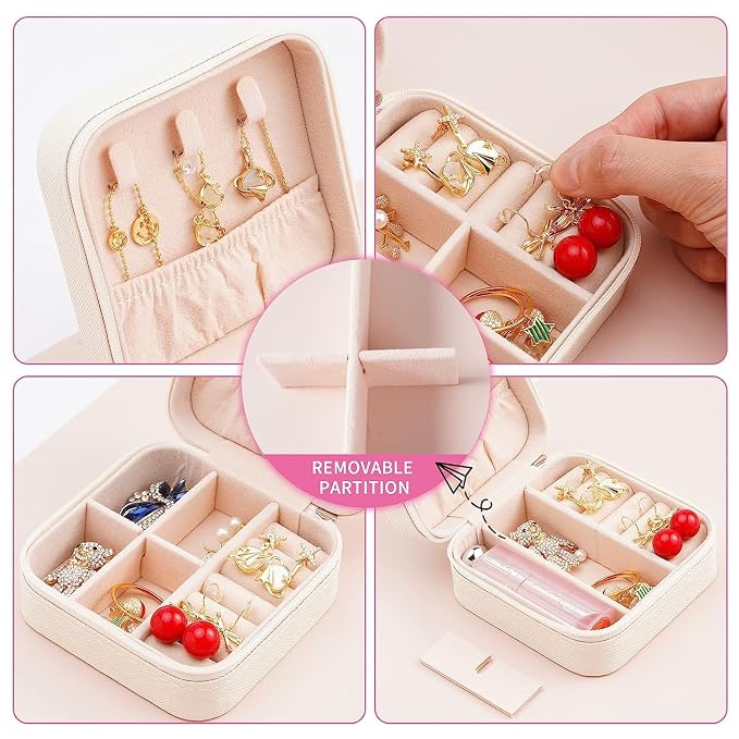 Neveika Portable Travel Mini Jewelry Box Leather Jewellery Ring Organizer Case Storage Gift Box Girls Women (2pcs White). - Image 5