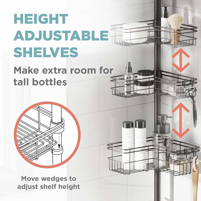 Zenna Home Tension Pole Shower Caddy Corner Organizer, Adjustable Standing Shower Caddy with 4 L-shaped Baskets and Hooks, Rust Resistant Bathroom Tension Rod Organizer, 60 to 97 Inch, Bronze - Image 4