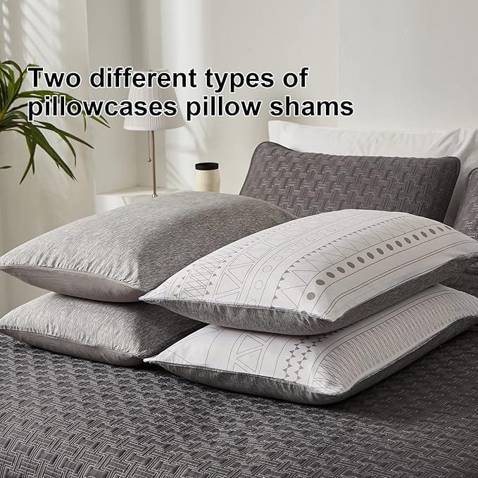 WONGS BEDDING Boho Comforter Set Queen,7 Pieces White Grey Geometric Bed in a Bag Comforter Bohemian Soft Microfiber Bedding Set for All Season with Pillowcases & Shams,Flat Sheet,Fitted Sheet