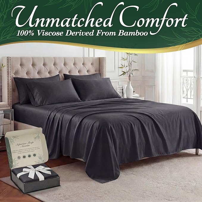 DECOLURE 100% Viscose Derived from Bamboo Sheets King Size - Luxury 6 Pc Naturally Cooling Sheets, Ultra Soft Bed Set - Deep 17" Pockets, Durable Double Stitching, Oeko Tex Standard (Charcoal)