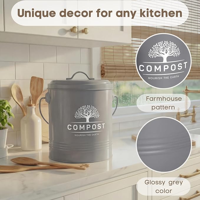 Perfnique Kitchen Compost Bin, 1.3 Gallon Countertop Compost Bin with Lid, Indoor Compost Bucket Includes Inner Bucket Liner and Carbon Filter, Small Compost Bin with Trash Bags (with Bags, Grey) - Image 4