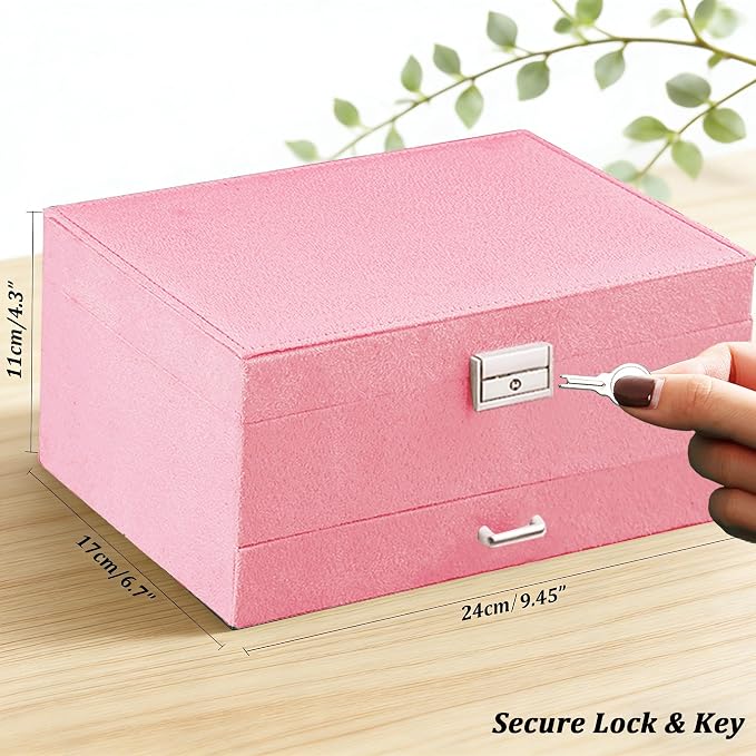 QBestry 3-Layer Jewelry Box for Girls & Teens with Lock and Key, Large Jewelry Organizer with 8 Necklace Hooks & 56 Earring Holes, Pink Velvet Jewelry Storage Box for Necklaces Earrings Rings Bracelet - Image 9